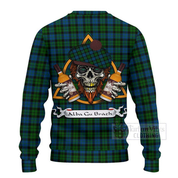 McCoy Tartan Ugly Sweater with Family Crest and Bearded Skull Holding Bottles of Whiskey