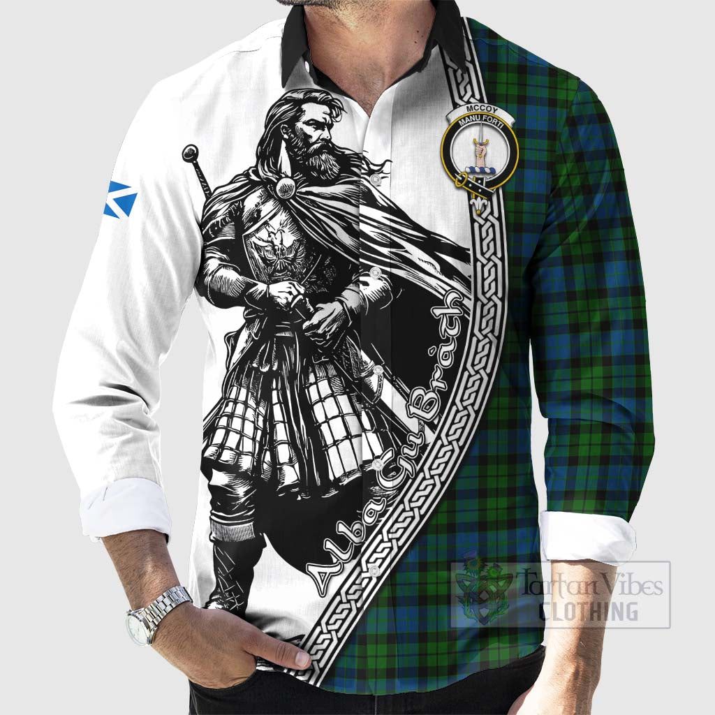 Tartan Vibes Clothing McCoy Tartan Clan Crest Long Sleeve Button Shirt with Highlander Warrior Celtic Style