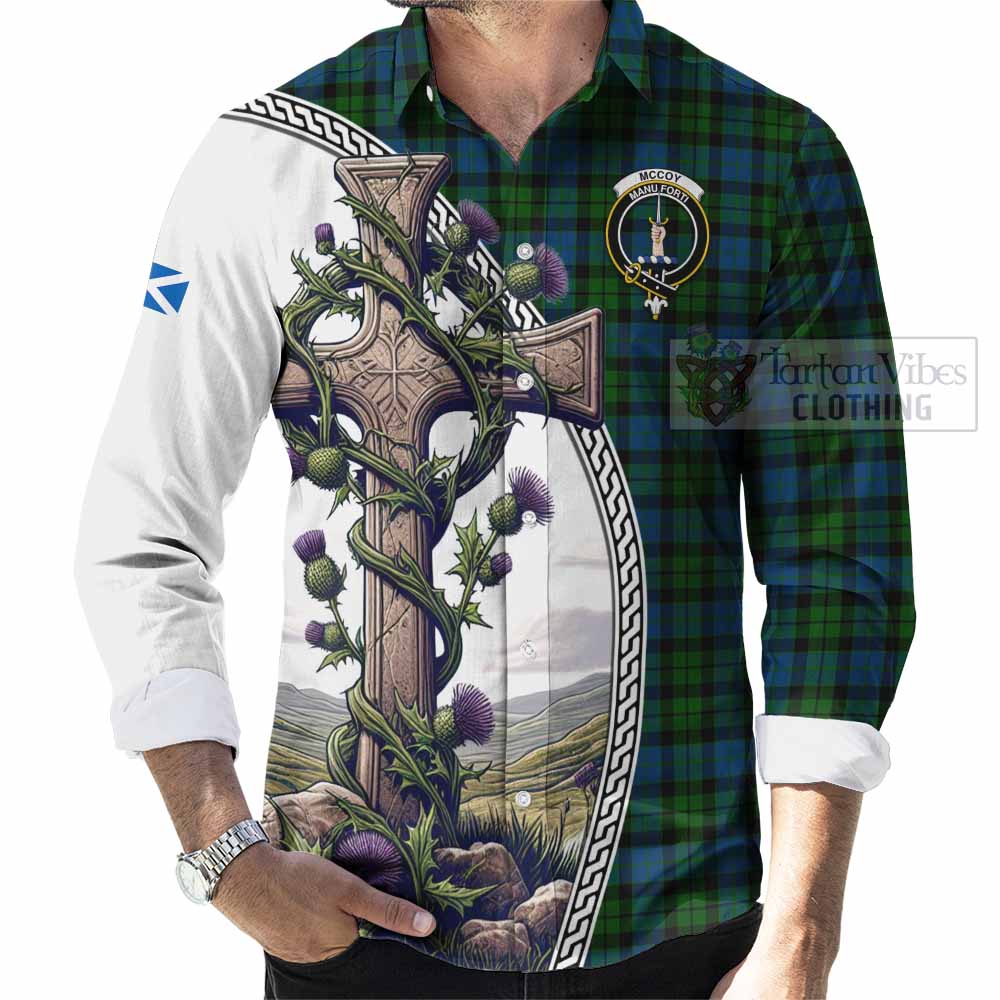 Tartan Vibes Clothing McCoy Tartan Long Sleeve Button Shirt with Family Crest and St. Andrew's Cross Accented by Thistle Vines