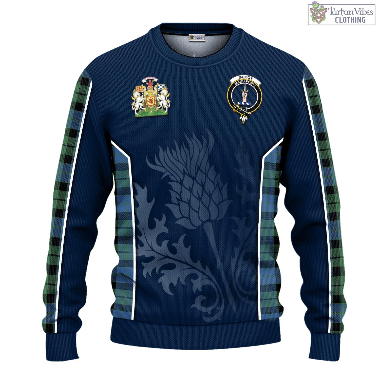 Tartan Vibes Clothing McCoy Ancient Tartan Knitted Sweatshirt with Family Crest and Scottish Thistle Vibes Sport Style