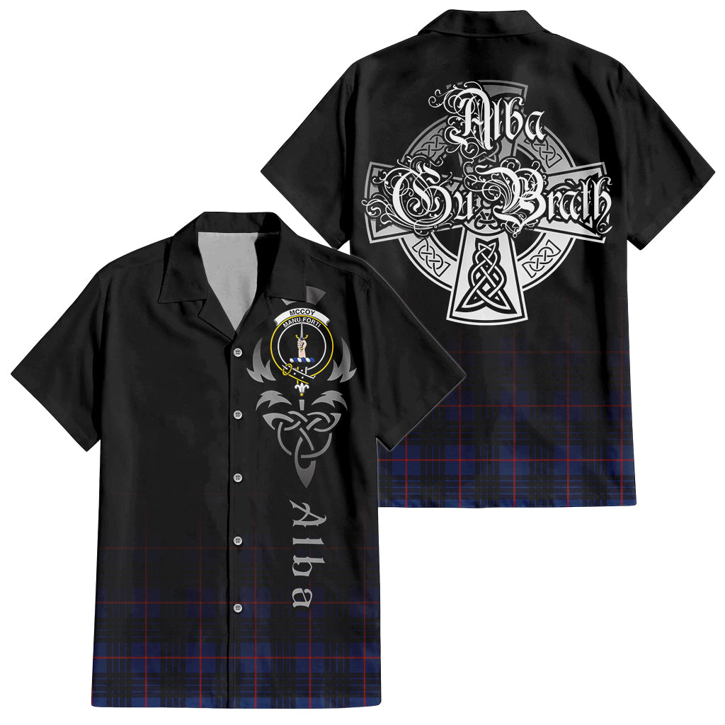 Tartan Vibes Clothing McCoy Blue Tartan Short Sleeve Button Up Featuring Alba Gu Brath Family Crest Celtic Inspired