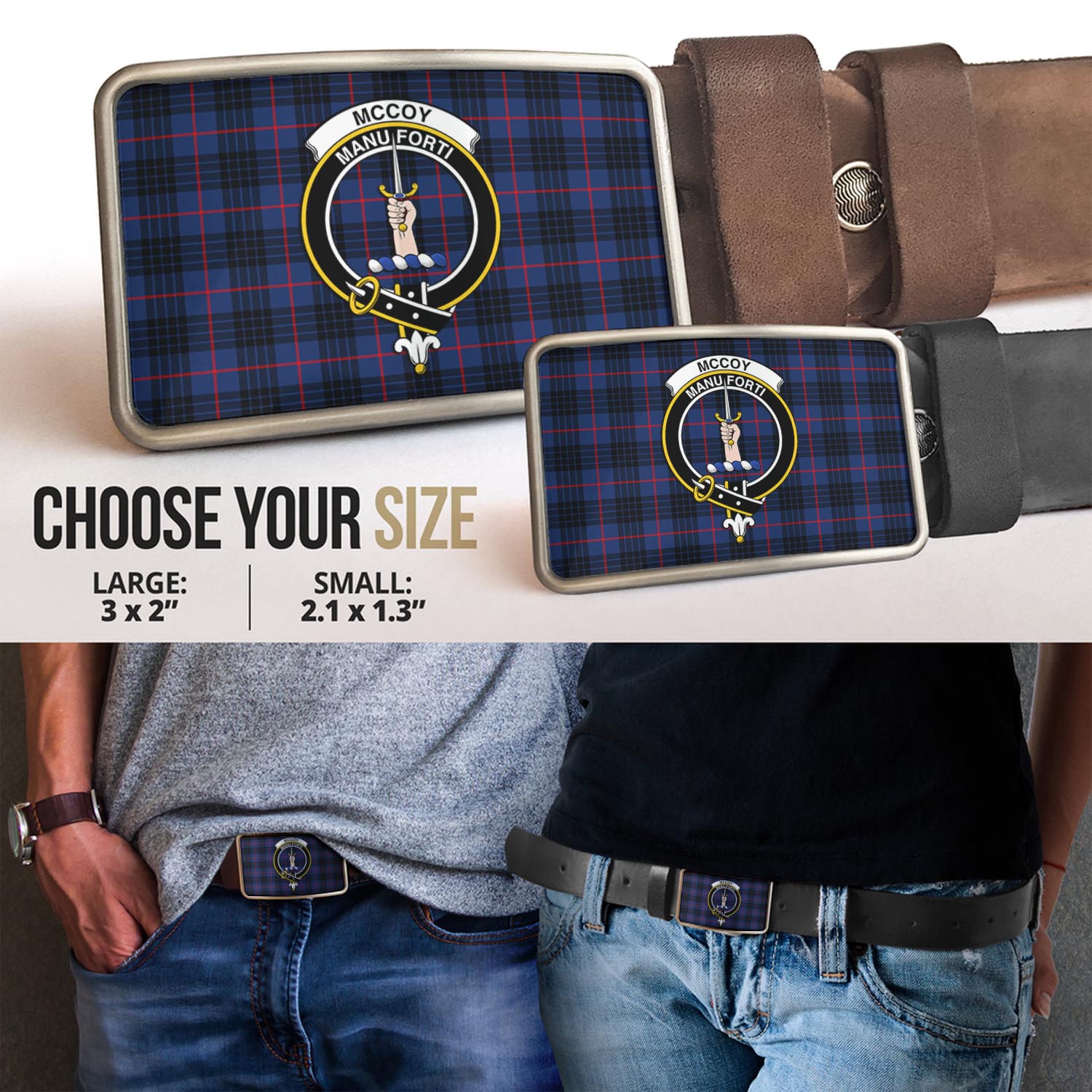 McCoy Blue Tartan Belt Buckles with Family Crest - Tartan Vibes Clothing