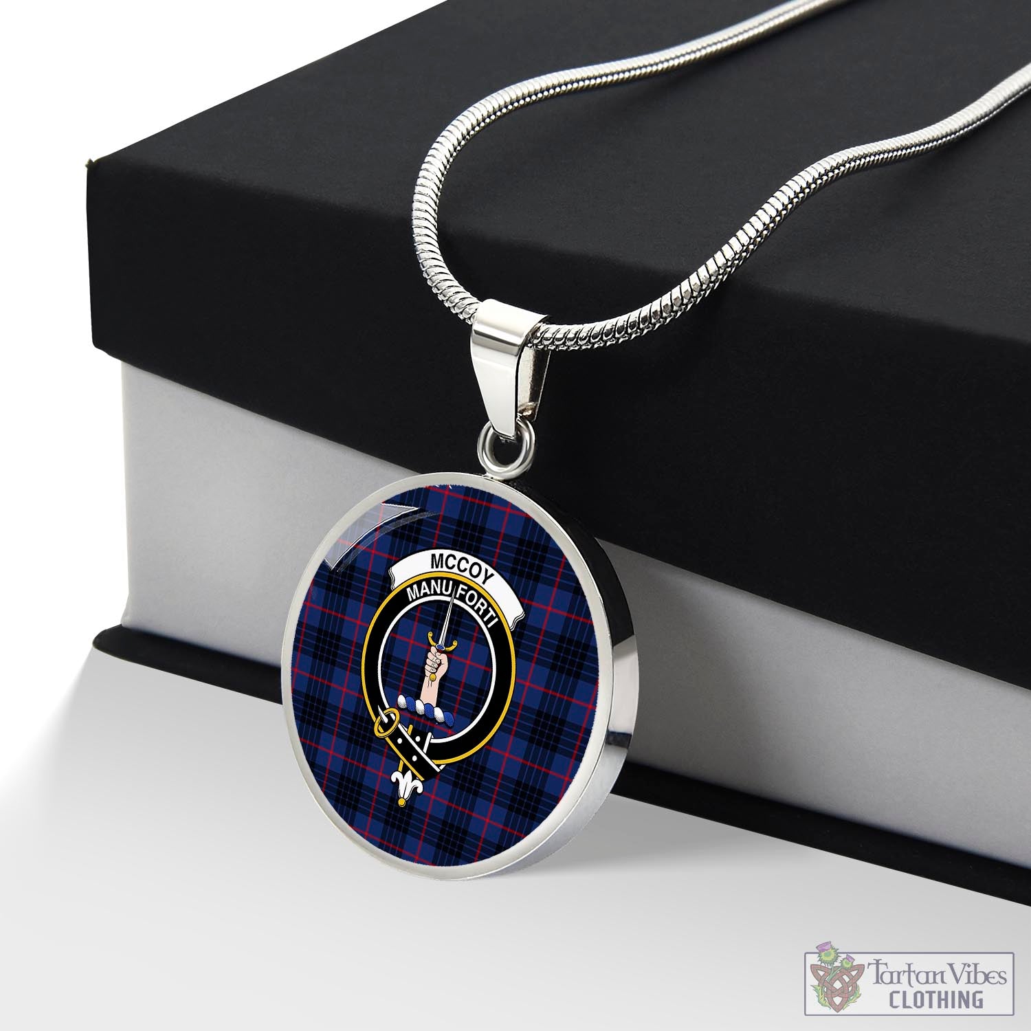 Tartan Vibes Clothing McCoy Blue Tartan Circle Necklace with Family Crest