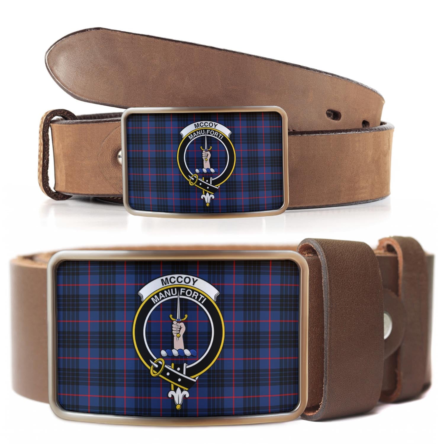 McCoy Blue Tartan Belt Buckles with Family Crest - Tartan Vibes Clothing