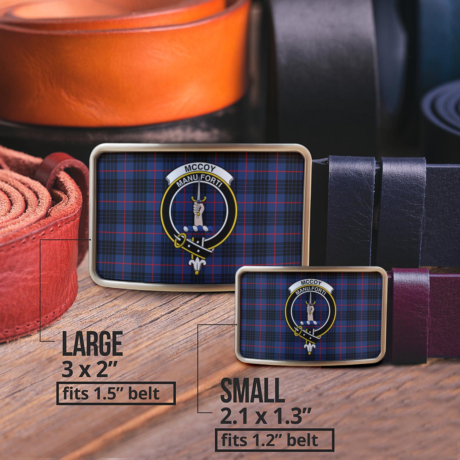 McCoy Blue Tartan Belt Buckles with Family Crest - Tartan Vibes Clothing