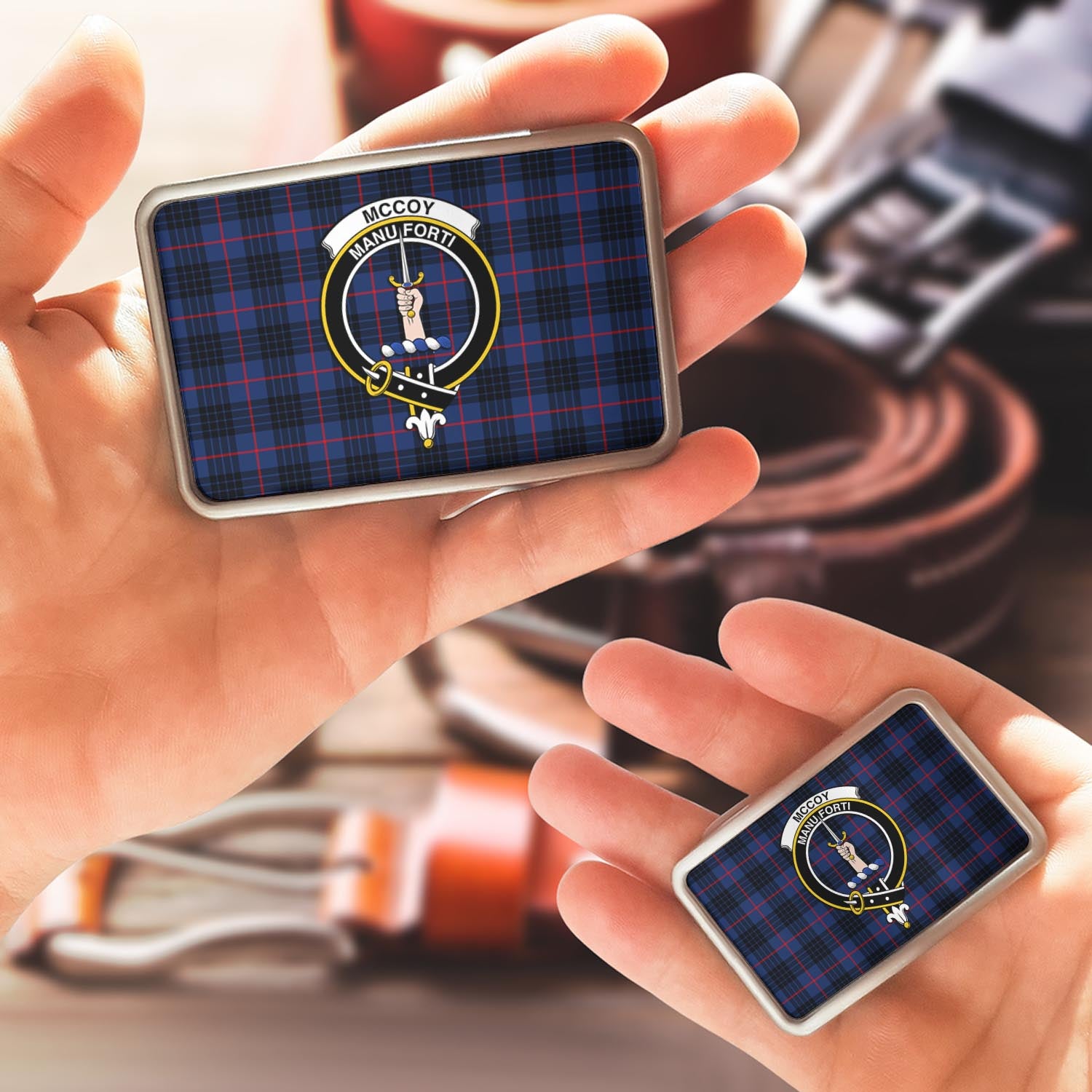 McCoy Blue Tartan Belt Buckles with Family Crest - Tartan Vibes Clothing