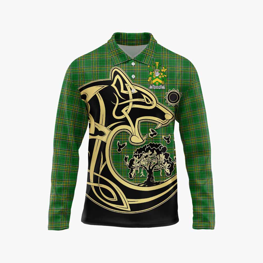 McCurdy Irish Tartan Long Sleeve Polo Shirt with Coat of Arms Celtic Wolf Style Unisex - Tartan Vibes Clothing