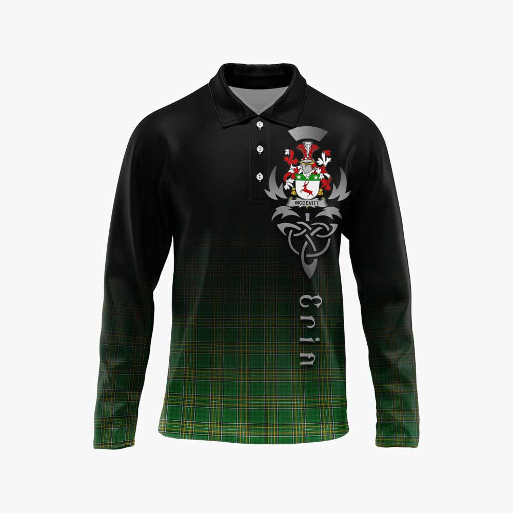 McDevitt Irish Clan Long Sleeve Polo Shirt with Coat of Arms Erin Go Bragh Celtic Inspired Unisex - Tartan Vibes Clothing