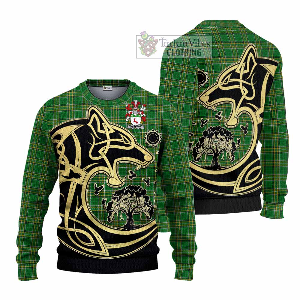 McDevitt Irish Tartan Knitted Sweater with Coat of Arms Celtic Wolf Style - Tartan Vibes Clothing