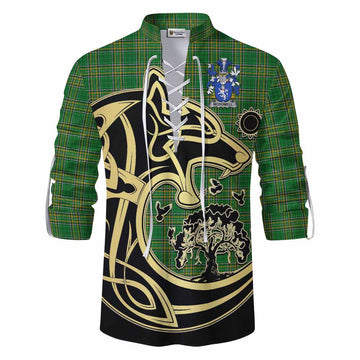 McDowell Irish Tartan Ghillie Kilt Shirt with Coat of Arms Celtic Wolf Style Men - Tartan Vibes Clothing