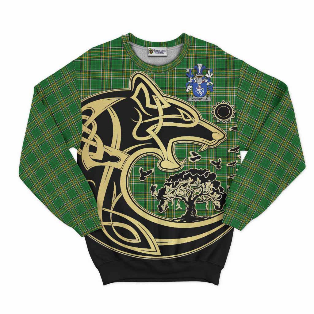 McDowell Irish Tartan Sweatshirt with Coat of Arms Celtic Wolf Style Unisex - Tartan Vibes Clothing
