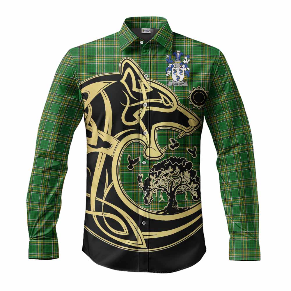 Tartan Vibes Clothing McElroy Irish Tartan Long Sleeve Button Shirt with Coat of Arms Celtic Wolf Style