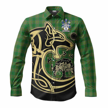 McElroy Irish Tartan Long Sleeve Button Shirt with Coat of Arms Celtic Wolf Style