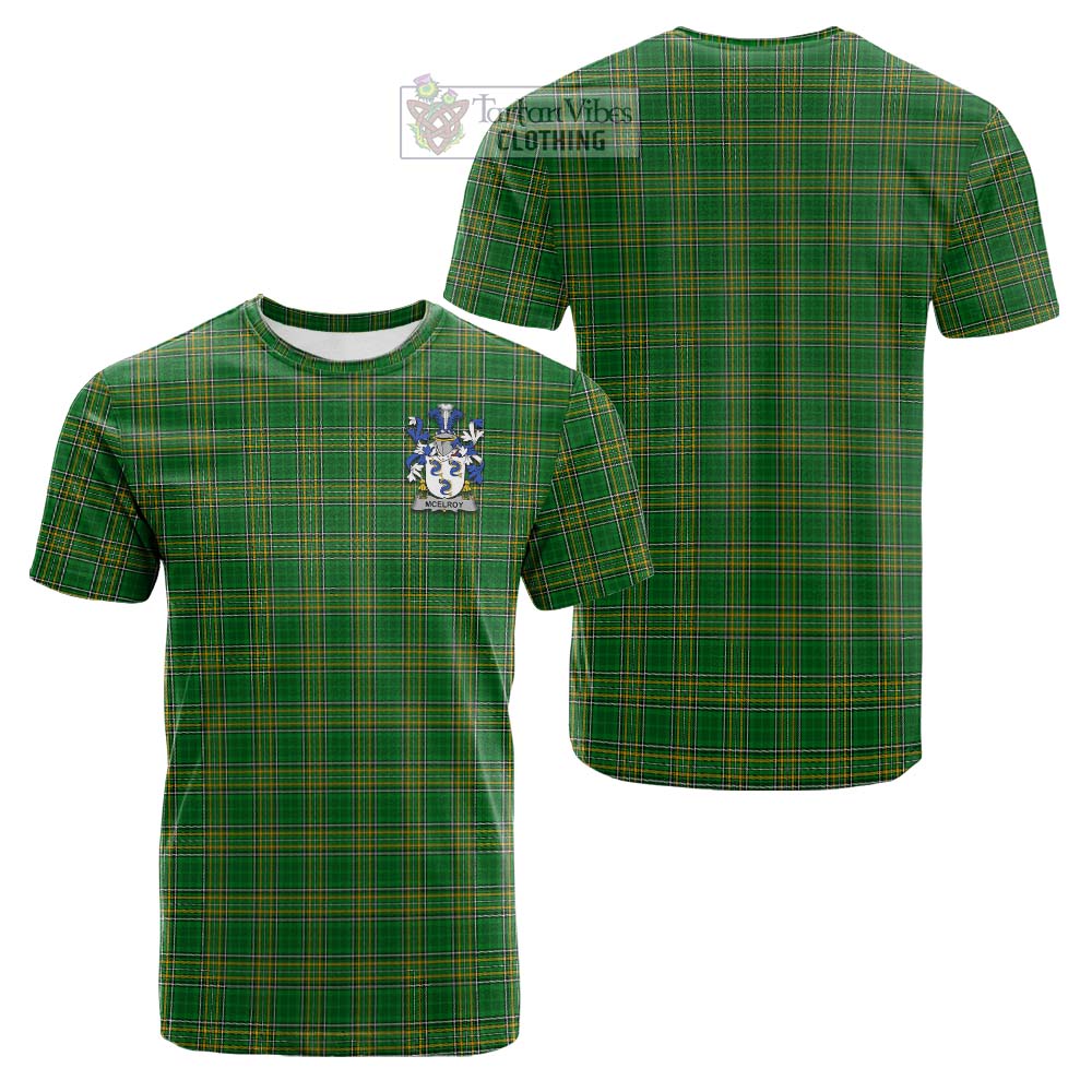 Tartan Vibes Clothing McElroy Irish Clan Tartan Cotton T-shirt with Coat of Arms