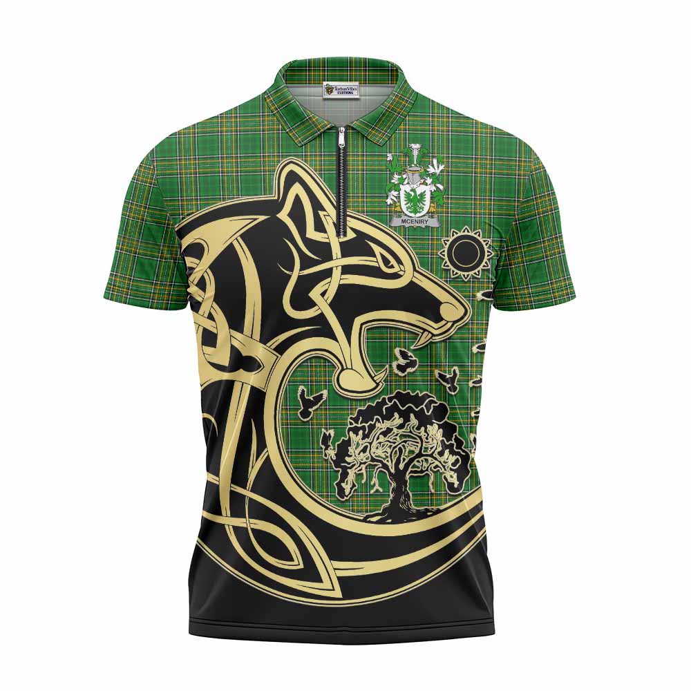 McEniry Irish Tartan Zipper Polo Shirt with Coat of Arms Celtic Wolf Style Unisex - Tartan Vibes Clothing
