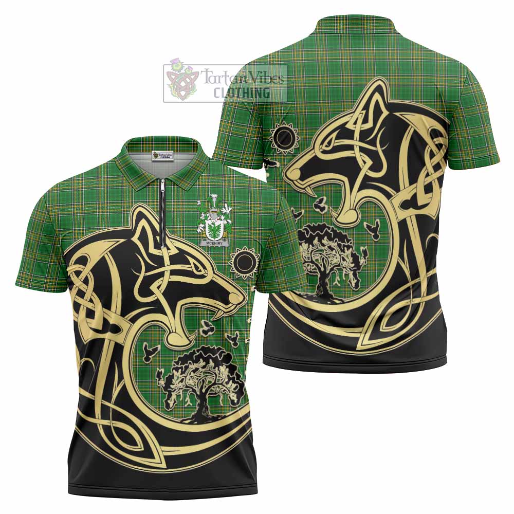 McEniry Irish Tartan Zipper Polo Shirt with Coat of Arms Celtic Wolf Style - Tartan Vibes Clothing