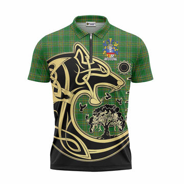 McEvoy Irish Tartan Zipper Polo Shirt with Coat of Arms Celtic Wolf Style