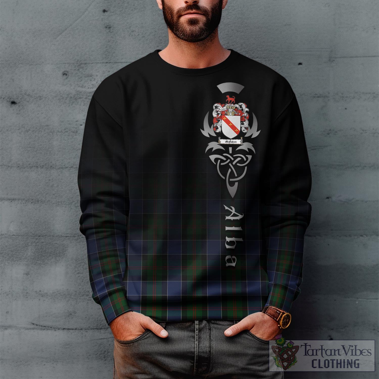 Tartan Vibes Clothing McFadzen 01 Tartan Sweatshirt Featuring Alba Gu Brath Family Crest Celtic Inspired