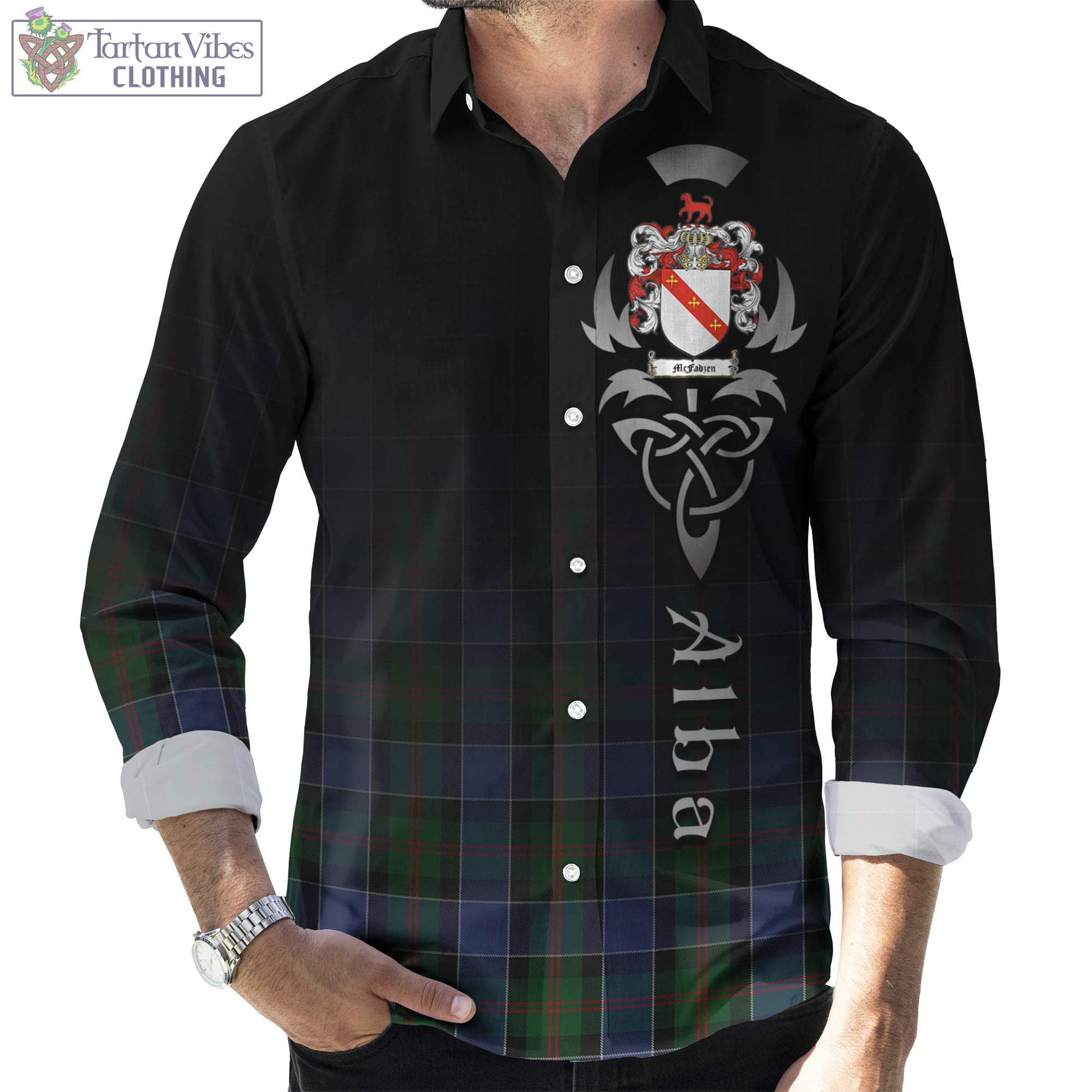 Tartan Vibes Clothing McFadzen 01 Tartan Long Sleeve Button Up Featuring Alba Gu Brath Family Crest Celtic Inspired