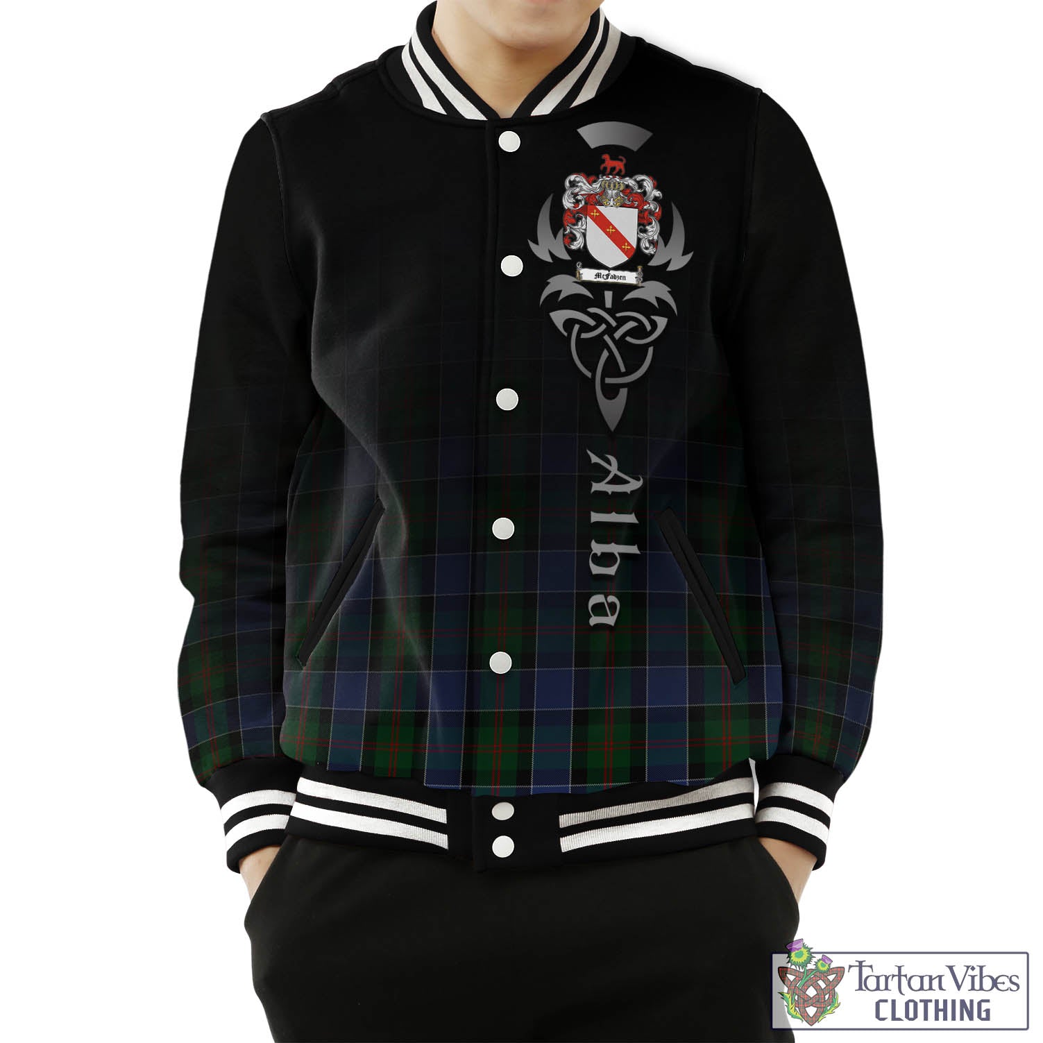 Tartan Vibes Clothing McFadzen 01 Tartan Baseball Jacket Featuring Alba Gu Brath Family Crest Celtic Inspired