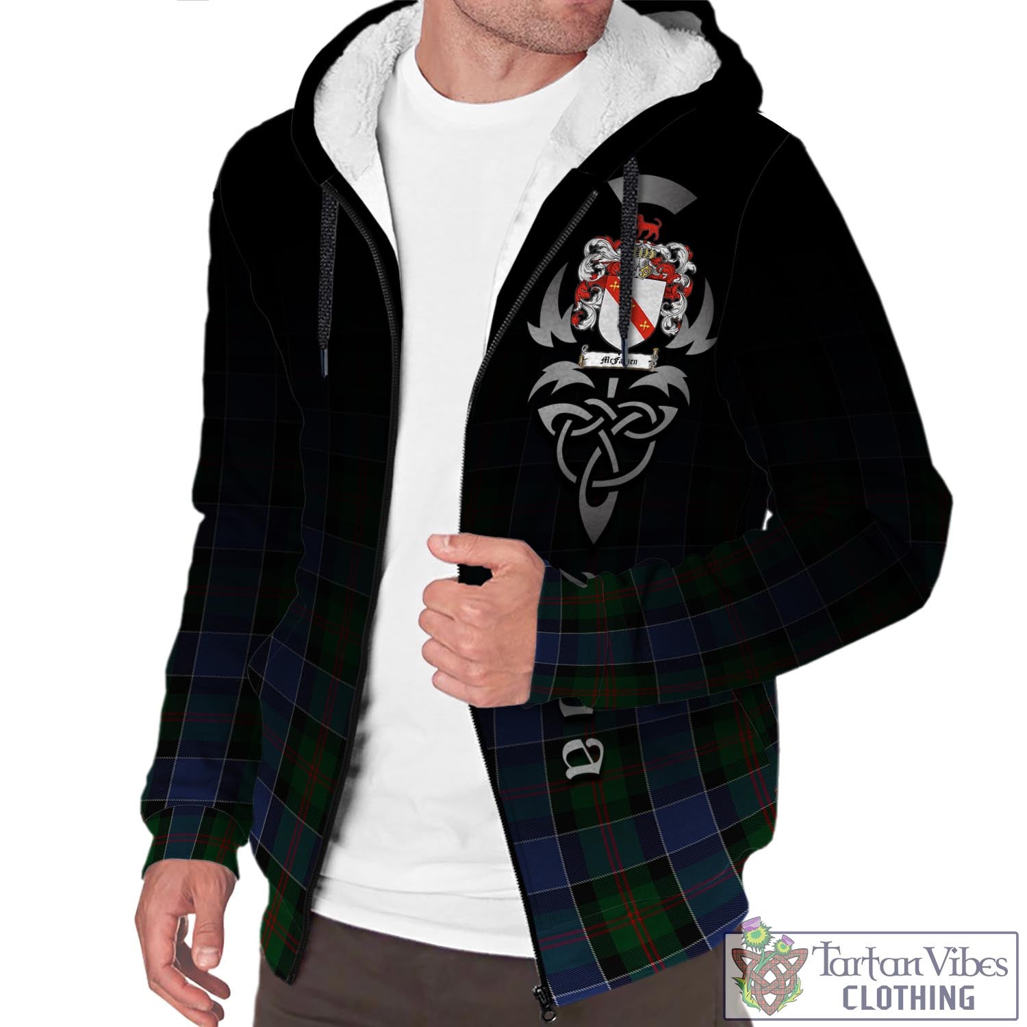 Tartan Vibes Clothing McFadzen 01 Tartan Sherpa Hoodie Featuring Alba Gu Brath Family Crest Celtic Inspired