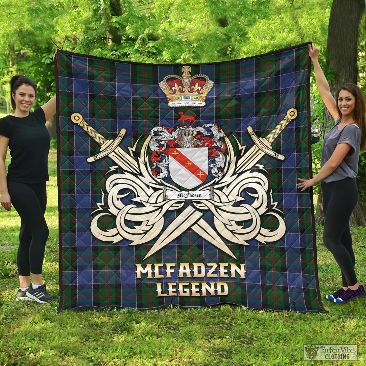 Tartan Vibes Clothing McFadzen 01 Tartan Quilt with Clan Crest and the Golden Sword of Courageous Legacy