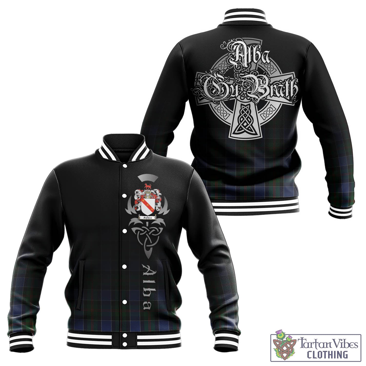 Tartan Vibes Clothing McFadzen 01 Tartan Baseball Jacket Featuring Alba Gu Brath Family Crest Celtic Inspired