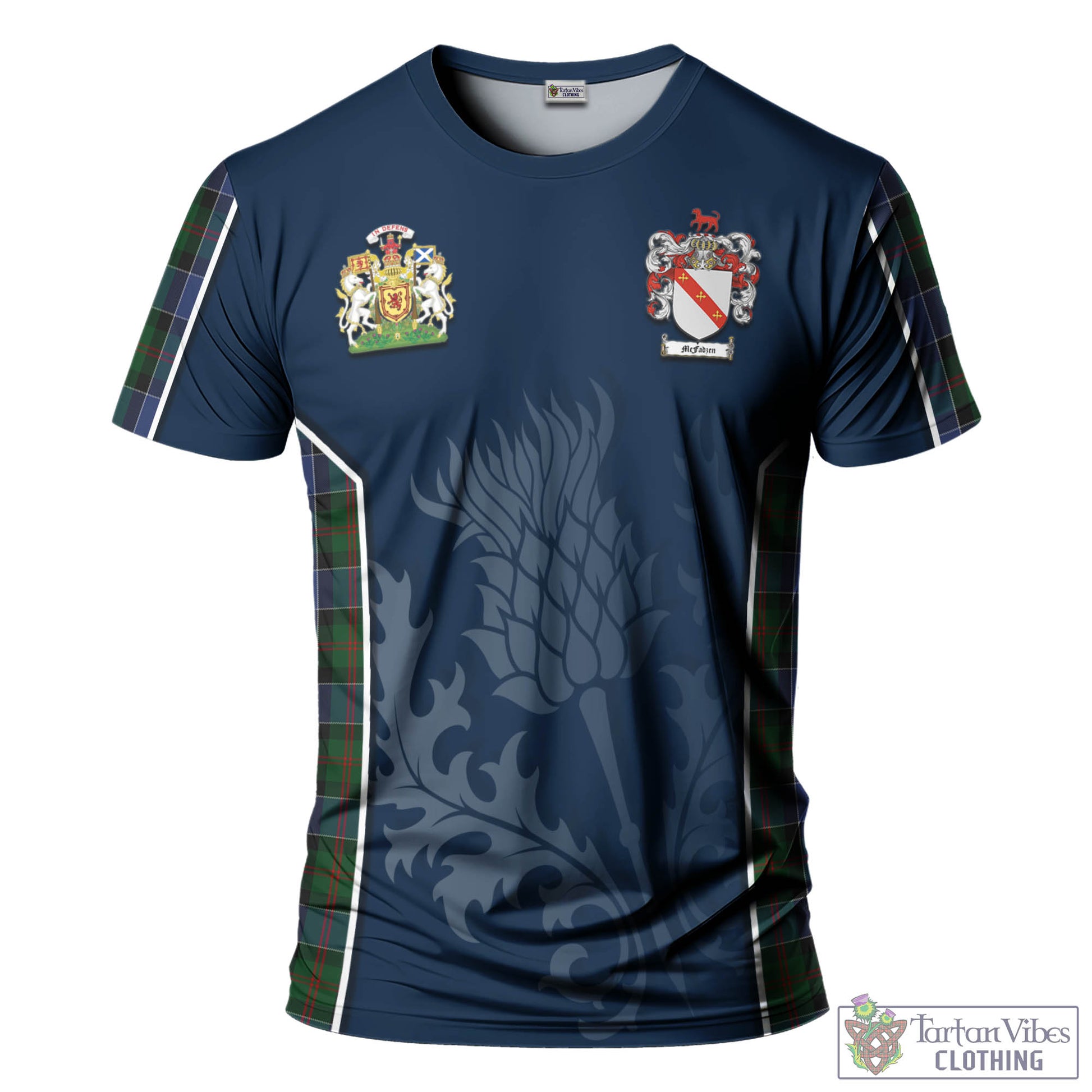 Tartan Vibes Clothing McFadzen 01 Tartan T-Shirt with Family Crest and Scottish Thistle Vibes Sport Style