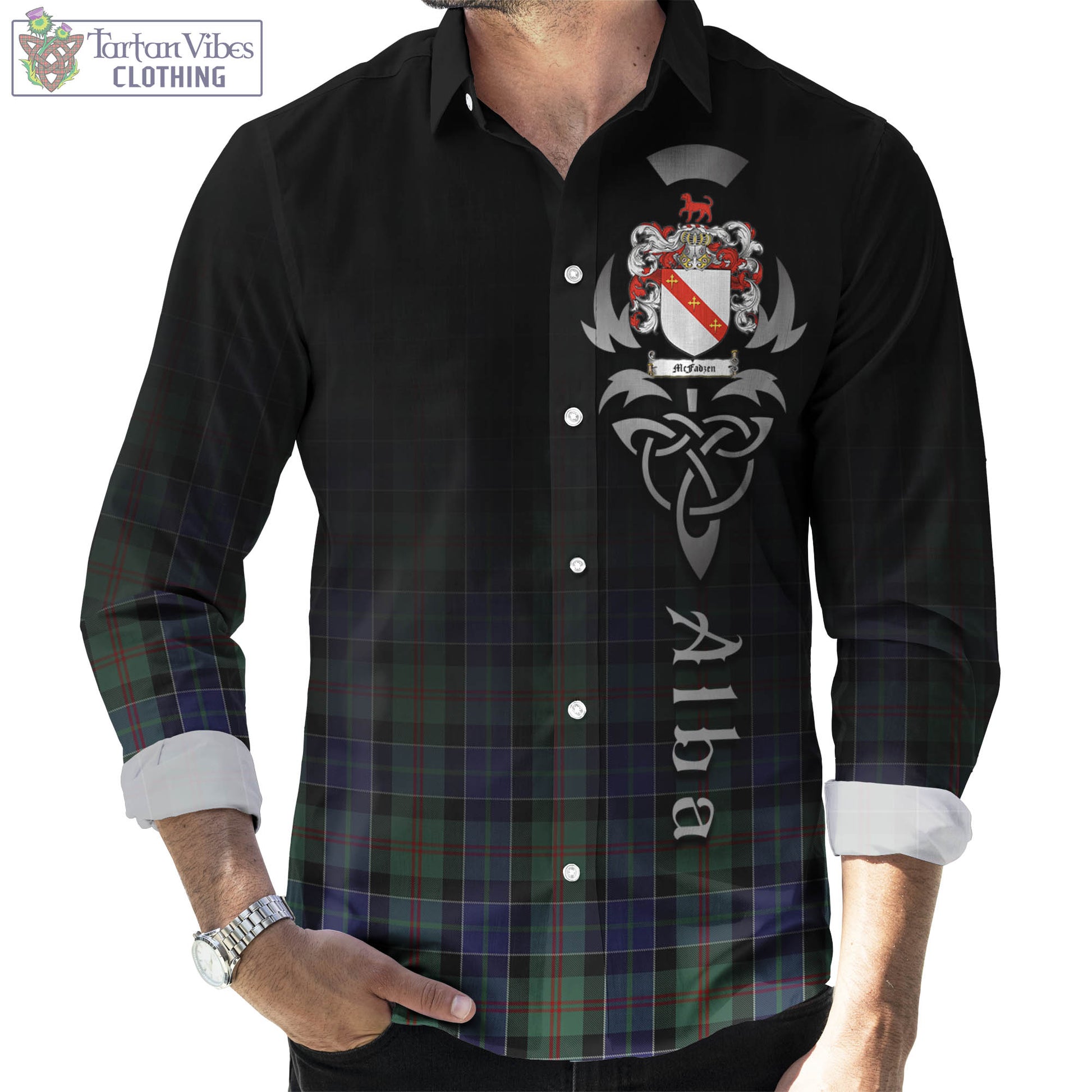 Tartan Vibes Clothing McFadzen 02 Tartan Long Sleeve Button Up Featuring Alba Gu Brath Family Crest Celtic Inspired