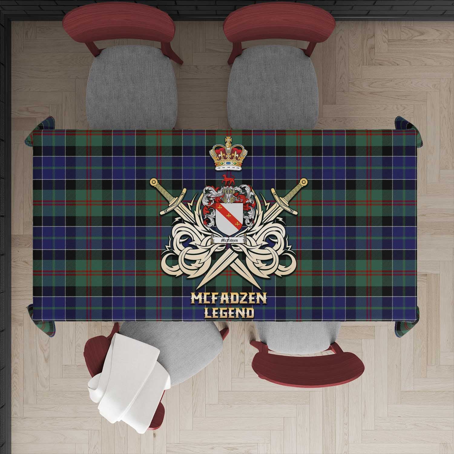 Tartan Vibes Clothing McFadzen 02 Tartan Tablecloth with Clan Crest and the Golden Sword of Courageous Legacy