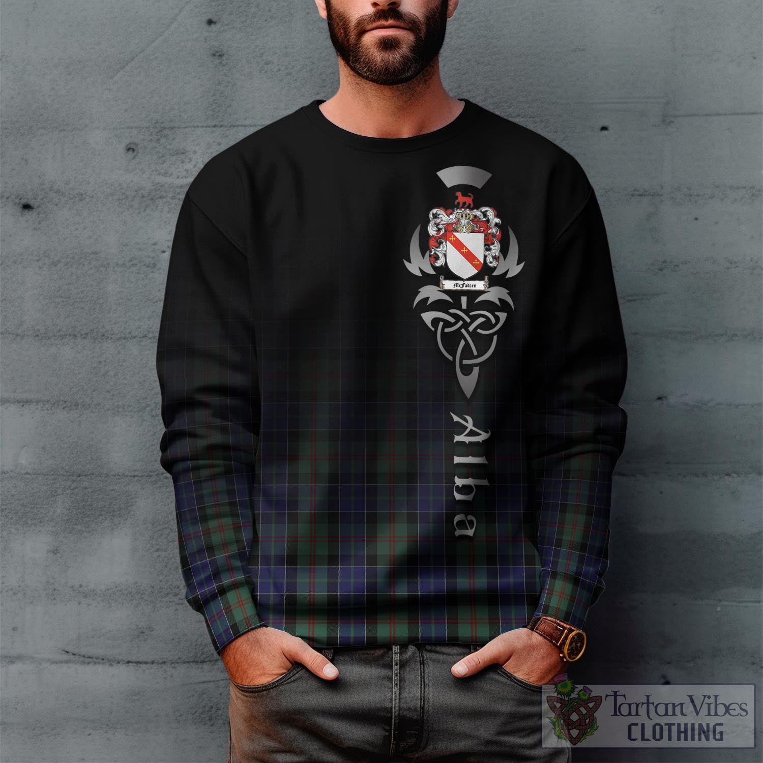 Tartan Vibes Clothing McFadzen 02 Tartan Sweatshirt Featuring Alba Gu Brath Family Crest Celtic Inspired