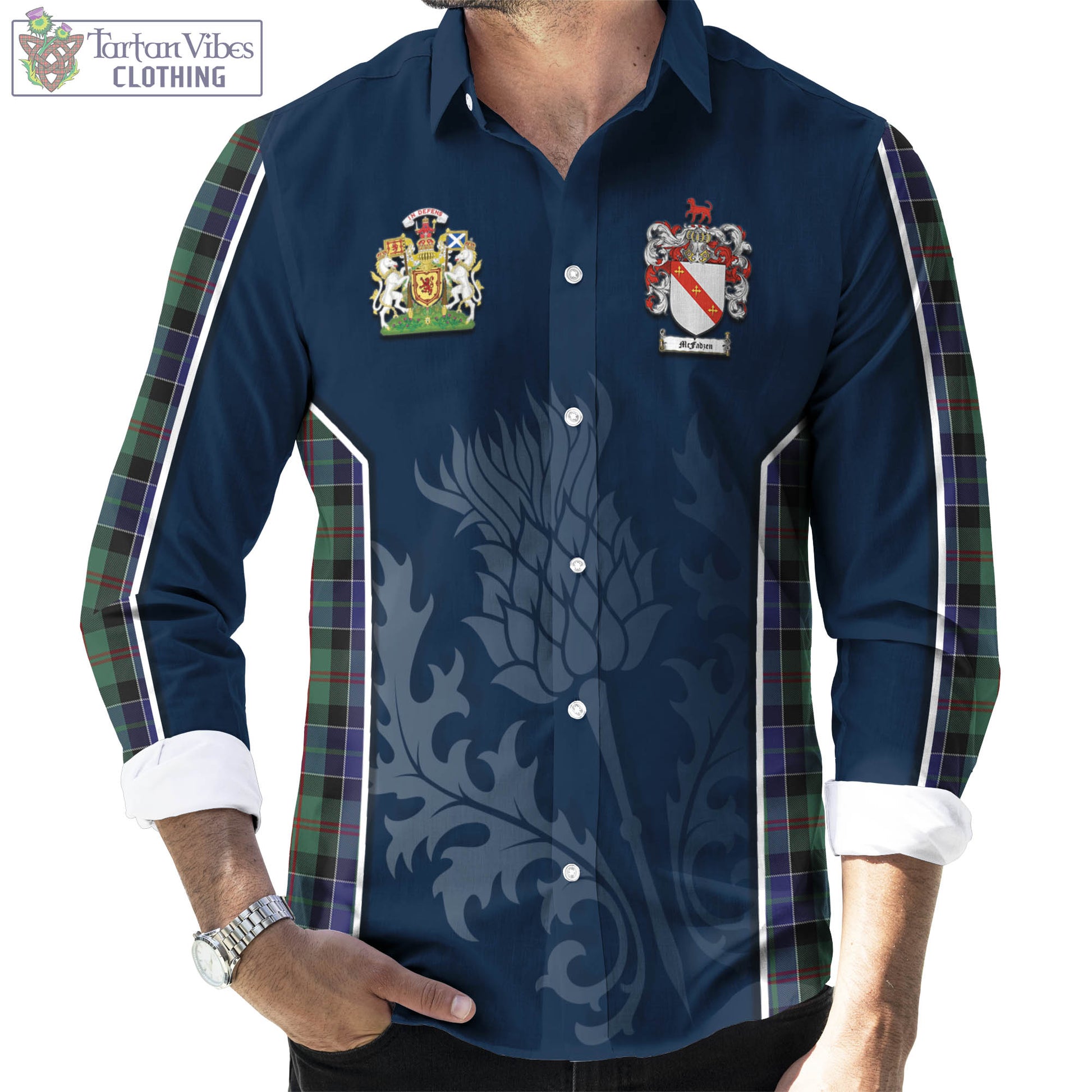 Tartan Vibes Clothing McFadzen 02 Tartan Long Sleeve Button Up Shirt with Family Crest and Scottish Thistle Vibes Sport Style