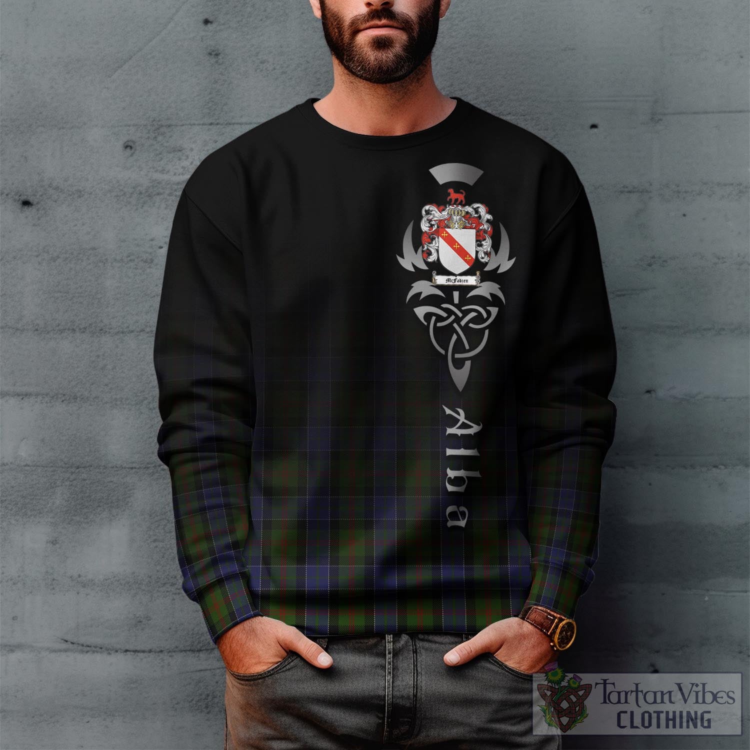 Tartan Vibes Clothing McFadzen 03 Tartan Sweatshirt Featuring Alba Gu Brath Family Crest Celtic Inspired