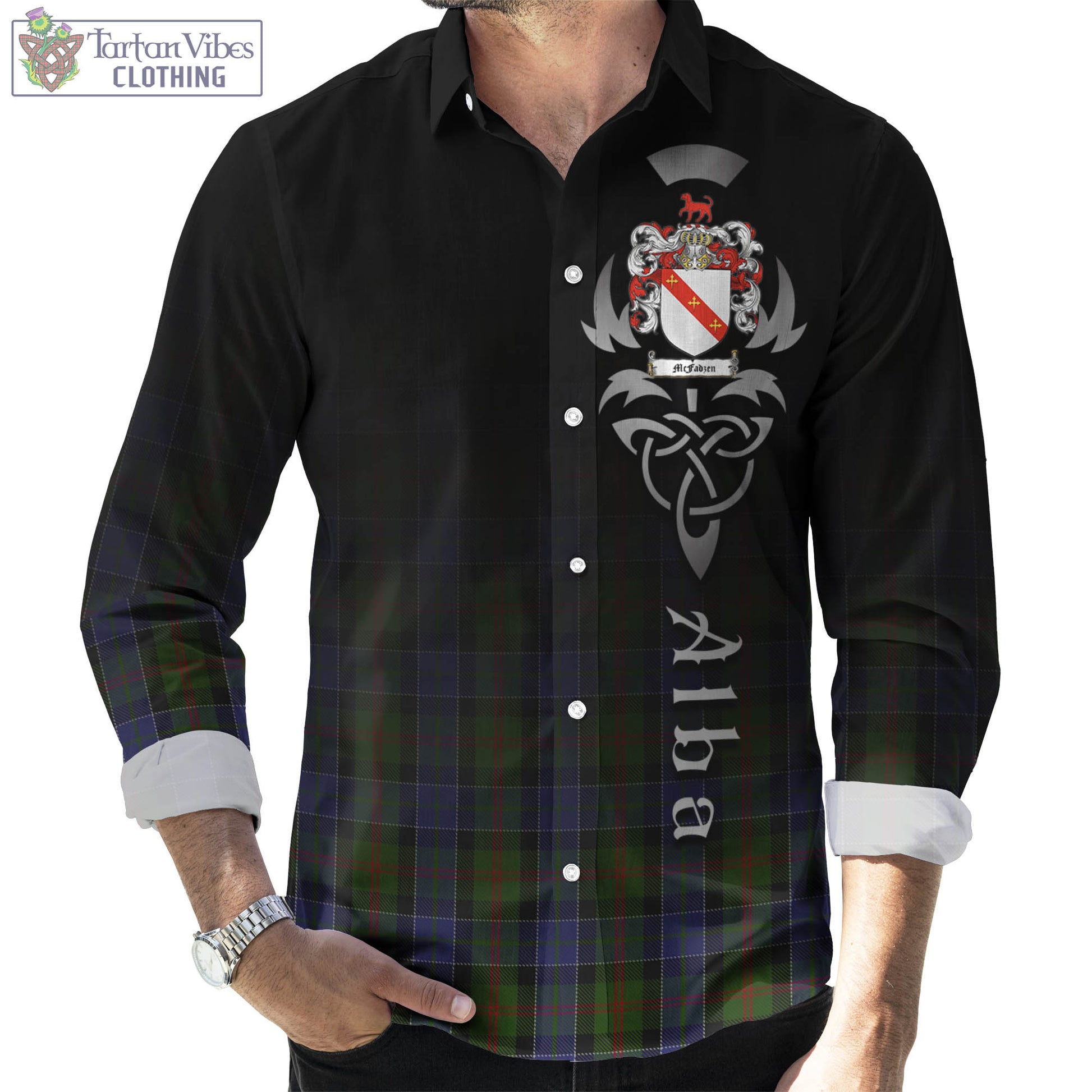 Tartan Vibes Clothing McFadzen 03 Tartan Long Sleeve Button Up Featuring Alba Gu Brath Family Crest Celtic Inspired