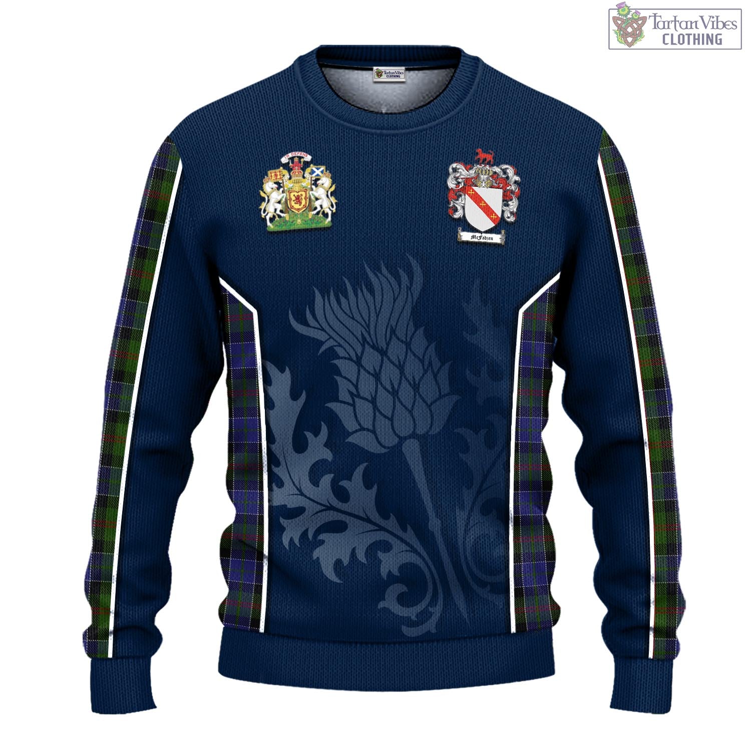 Tartan Vibes Clothing McFadzen 03 Tartan Knitted Sweatshirt with Family Crest and Scottish Thistle Vibes Sport Style