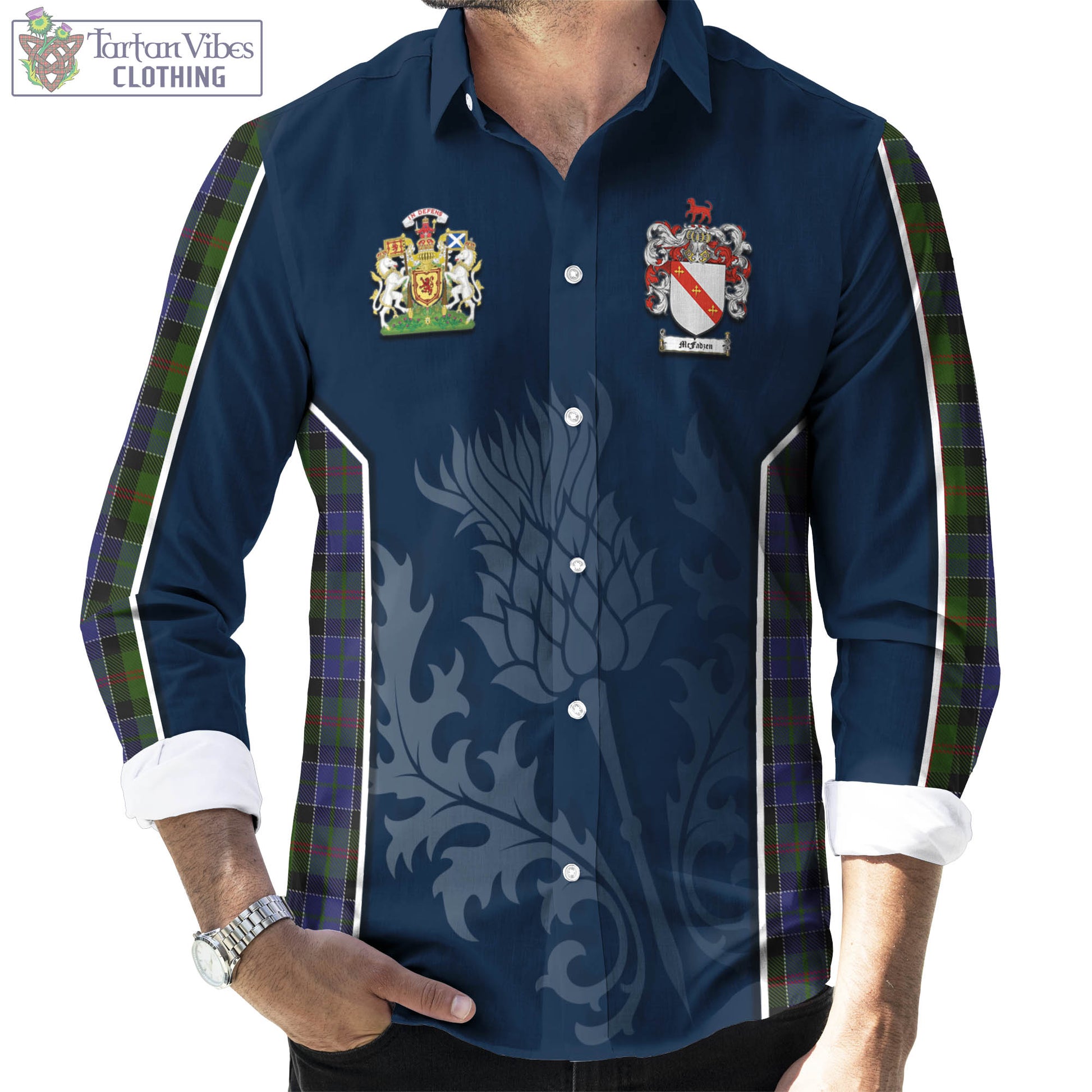 Tartan Vibes Clothing McFadzen 03 Tartan Long Sleeve Button Up Shirt with Family Crest and Scottish Thistle Vibes Sport Style