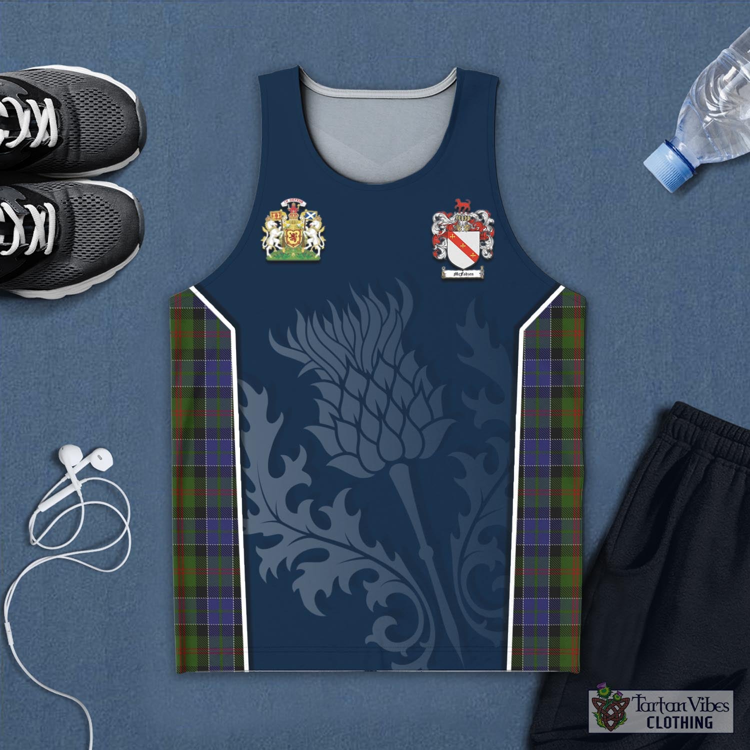 Tartan Vibes Clothing McFadzen 03 Tartan Men's Tanks Top with Family Crest and Scottish Thistle Vibes Sport Style