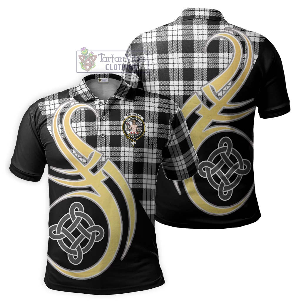 Tartan Vibes Clothing McFarlane Black White Tartan Polo Shirt with Family Crest and Celtic Symbol Style