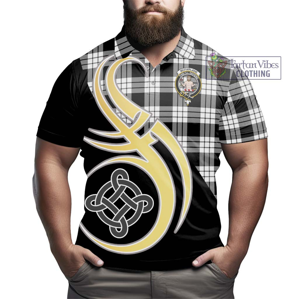 Tartan Vibes Clothing McFarlane Black White Tartan Polo Shirt with Family Crest and Celtic Symbol Style