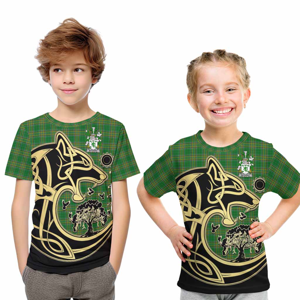 Tartan Vibes Clothing McGarry Irish Tartan Kid T-Shirt with Coat of Arms Celtic Wolf Style