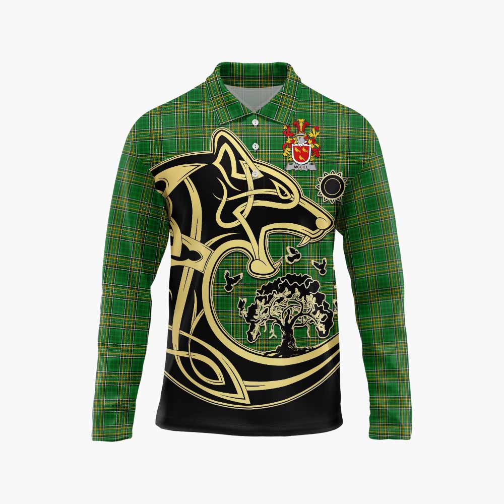 McGill Irish Tartan Long Sleeve Polo Shirt with Coat of Arms Celtic Wolf Style Unisex - Tartan Vibes Clothing