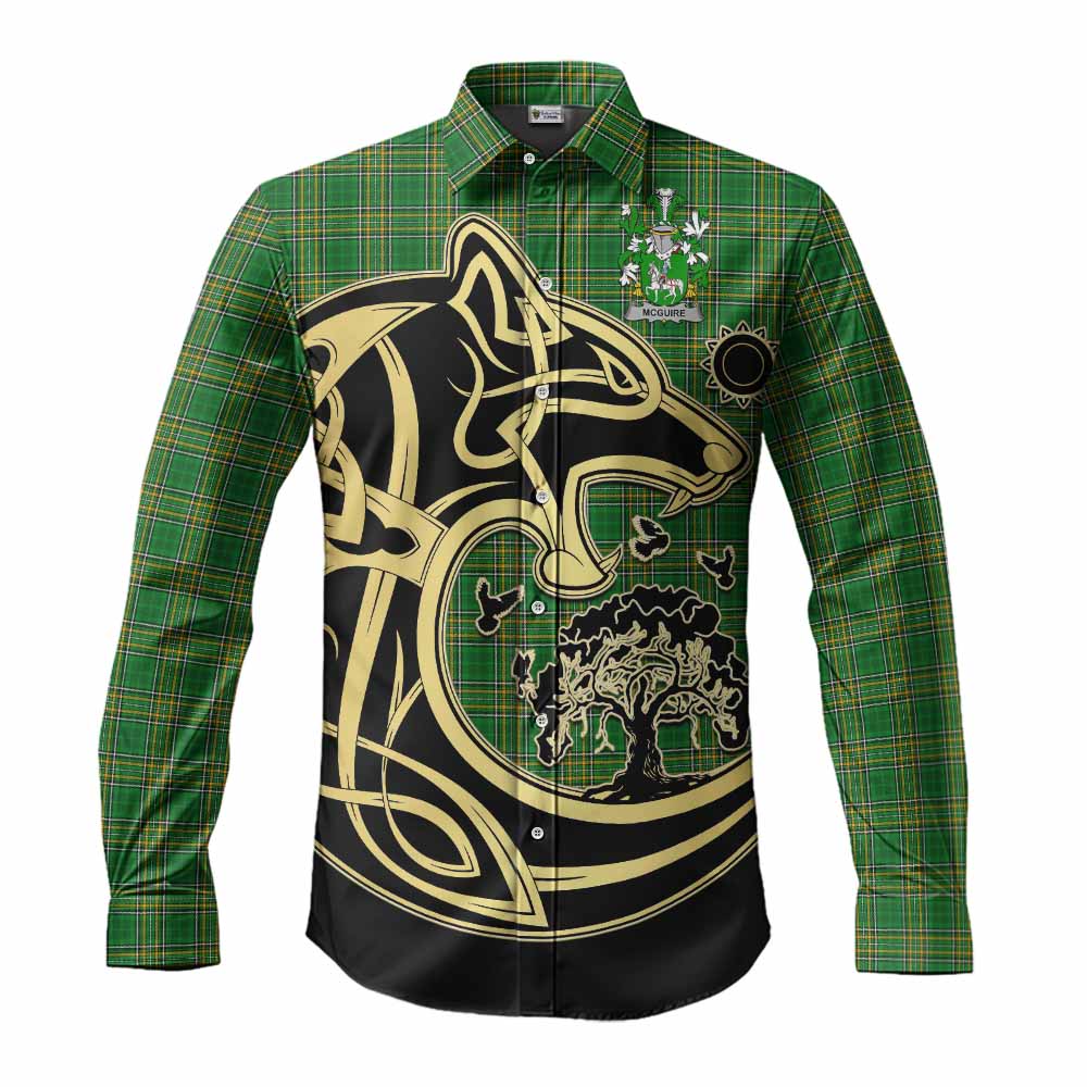 Tartan Vibes Clothing McGuire Irish Tartan Long Sleeve Button Shirt with Coat of Arms Celtic Wolf Style