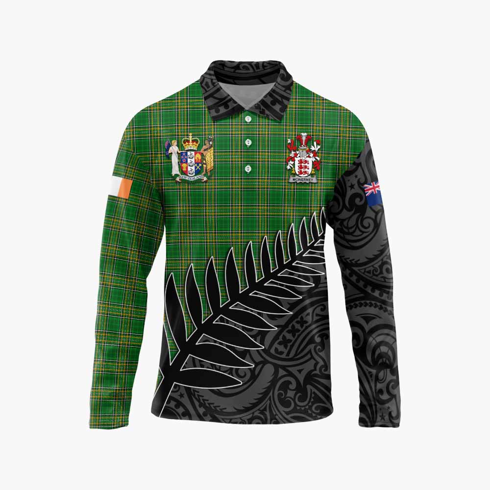 Tartan Vibes Clothing McInerney Irish Clan Tartan Long Sleeve Polo Shirt with Coat of Arms New Zealand Silver Fern Half Style