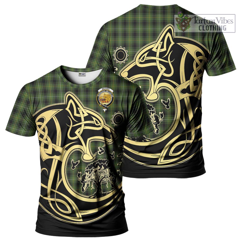 Tartan Vibes Clothing McIver Hunting Tartan T-Shirt with Family Crest Celtic Wolf Style