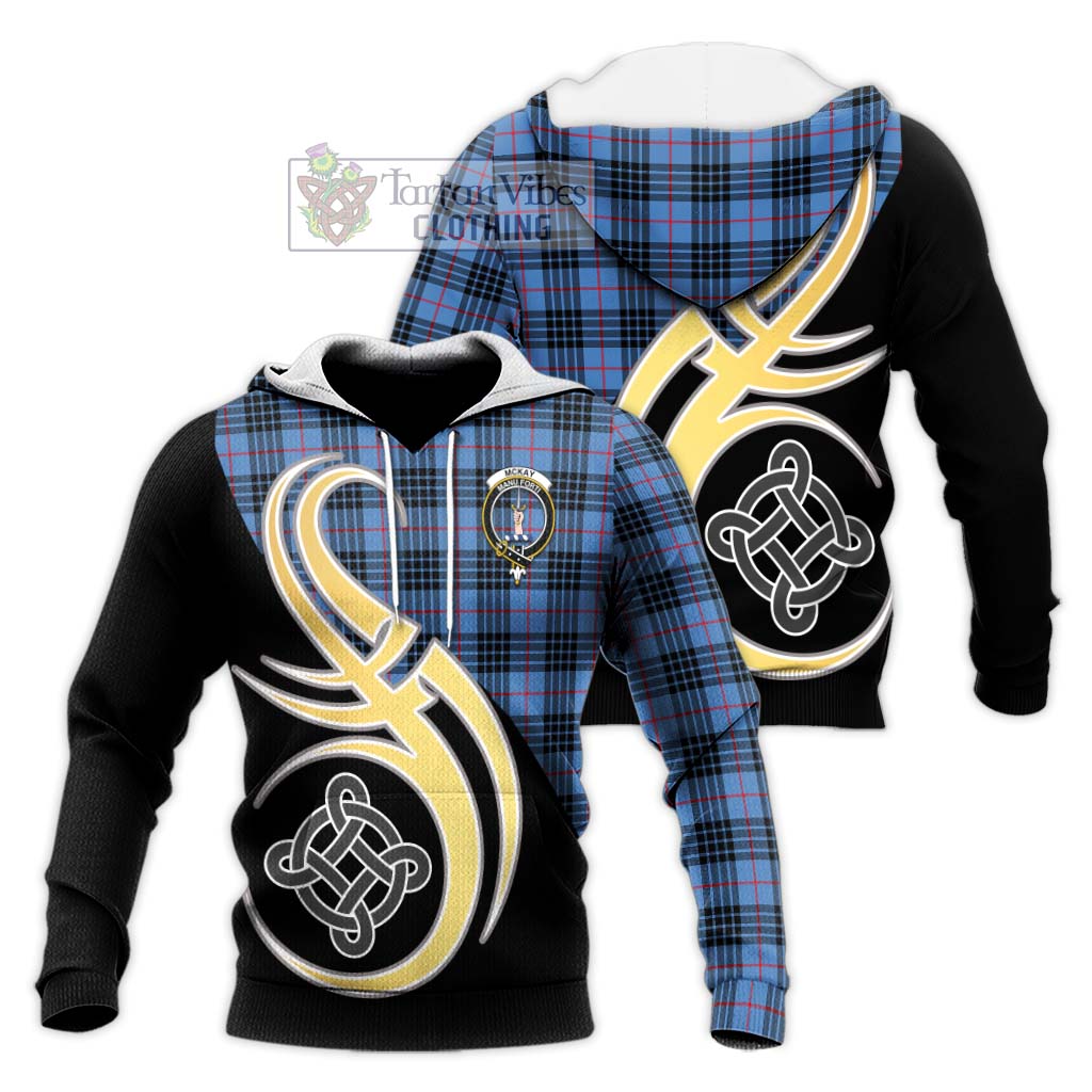 Tartan Vibes Clothing McKay Blue Tartan Knitted Hoodie with Family Crest and Celtic Symbol Style