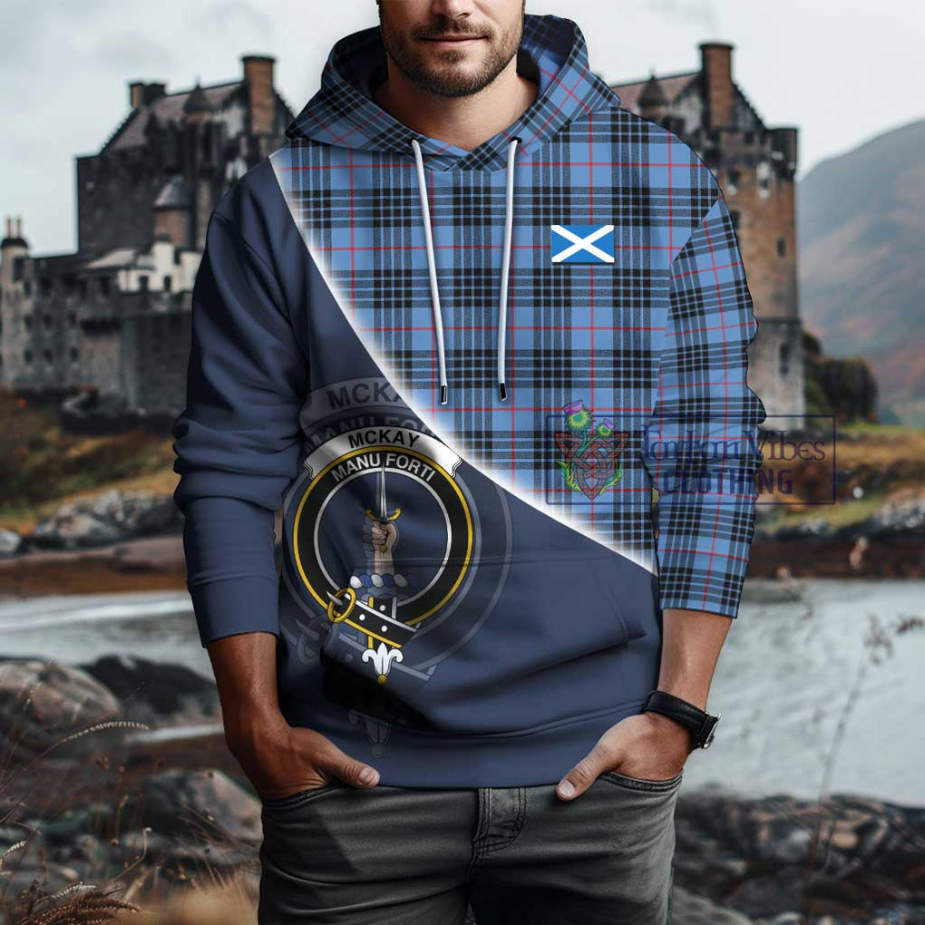 McKay Blue Tartan Hoodie with Personalised National Flag and Family Crest Half Style - Tartanvibesclothing Shop