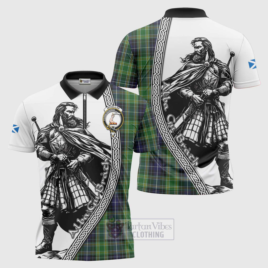 McKellar Tartan Clan Crest Zipper Polo Shirt with Highlander Warrior Celtic Style Unisex - Tartan Vibes Clothing