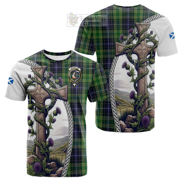 McKellar Tartan Cotton T-shirt with Family Crest and St. Andrew's Cross Accented by Thistle Vines Kid's Shirt - Tartan Vibes Clothing