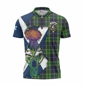 McKellar Tartan Family Crest Zipper Polo Shirt Scottish Thistle Celtic Inspired Unisex - Tartan Vibes Clothing