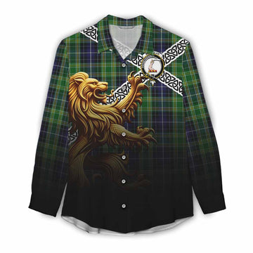McKellar Crest Tartan Women's Casual Shirt with Golden Lion Emblem Celtic Style Female - Tartan Vibes Clothing